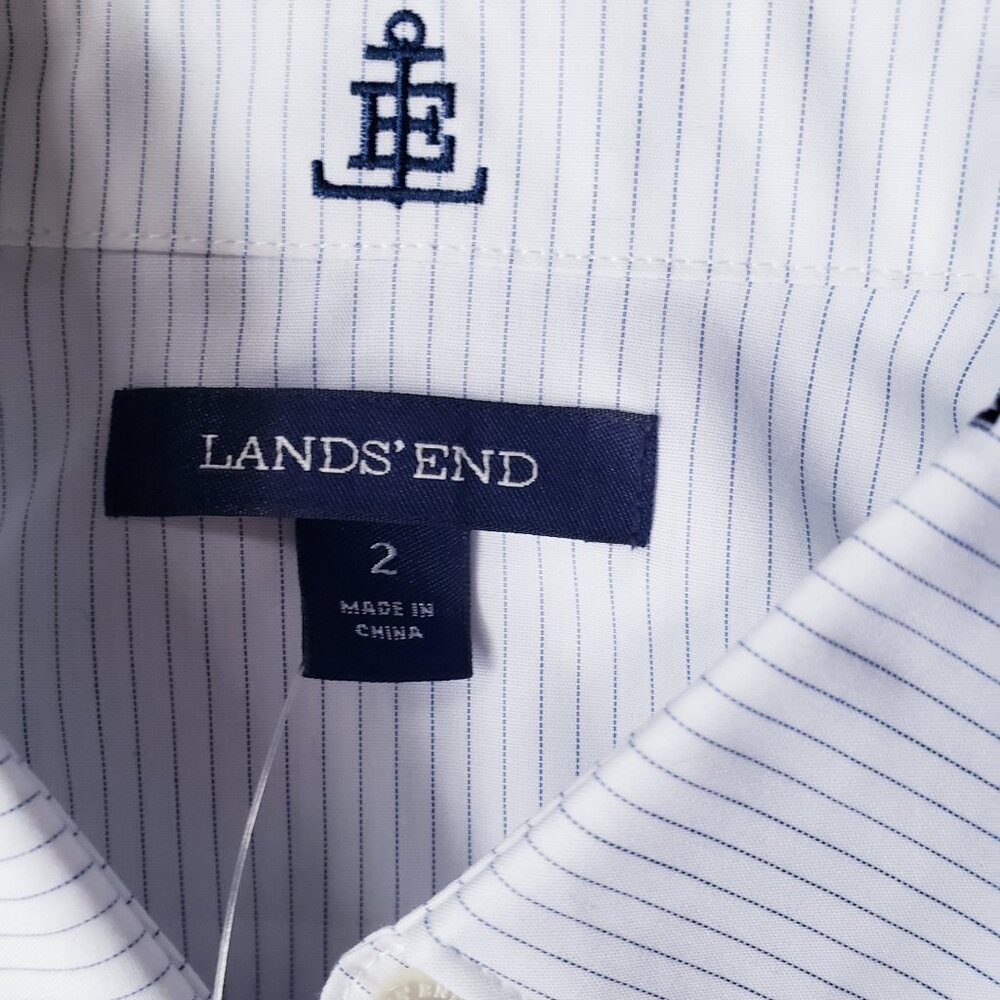 Lands' End Nautical Anchor Logo Non Iron Button Up White Striped Shirt - Picture 6 of 13